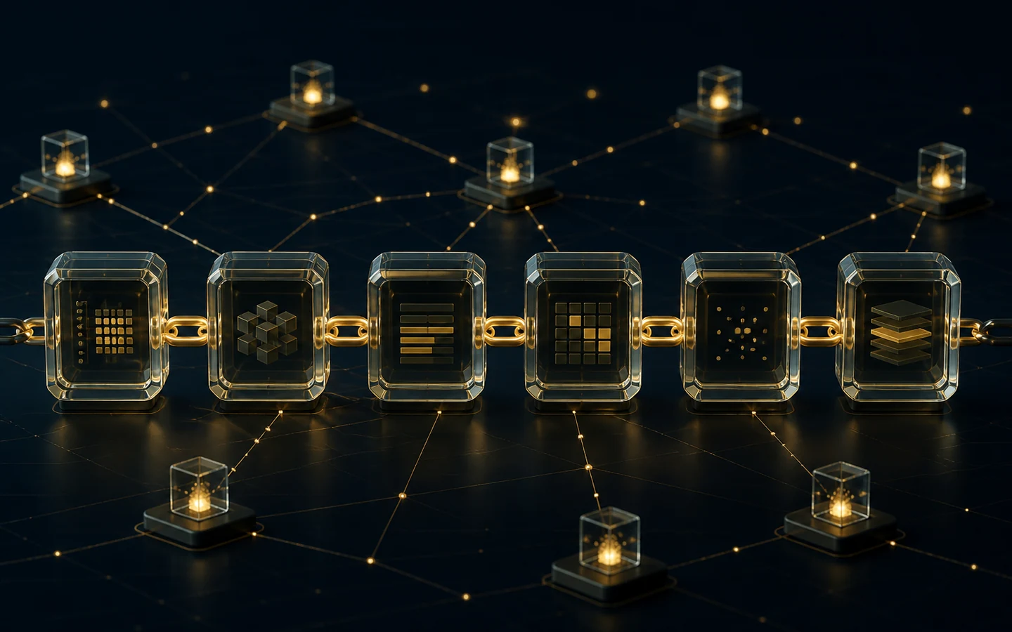 ภาพโครงสร้างบล็อกข้อมูลที่เชื่อมต่อกันในเครือข่าย Blockchain
